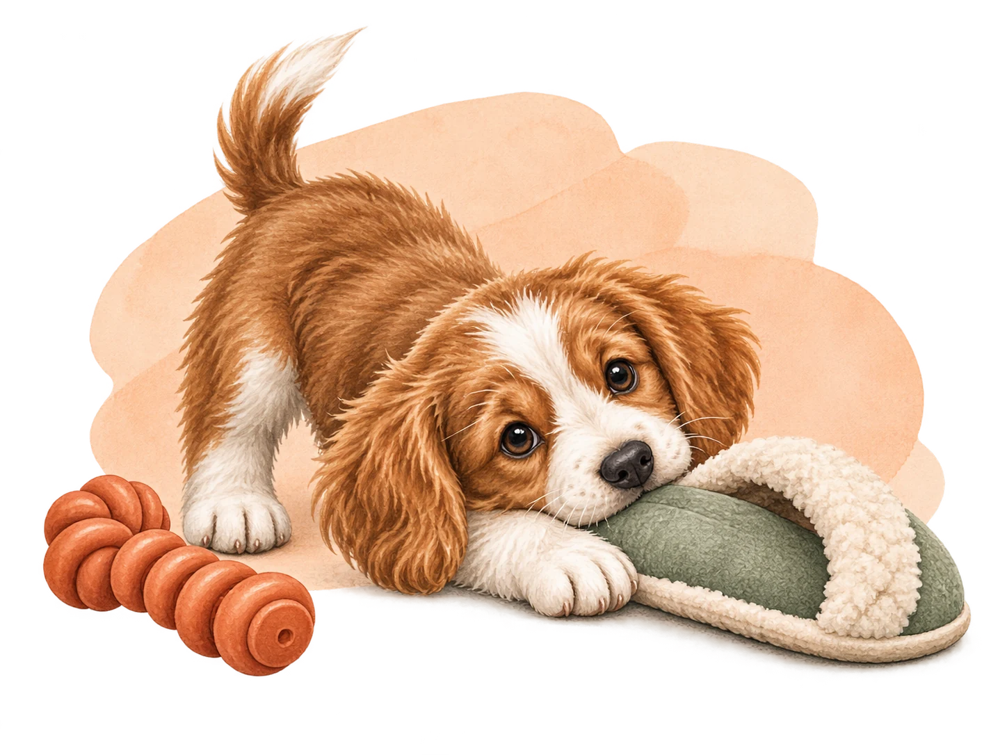 Watercolour puppy investigating a slipper beside a chew toy