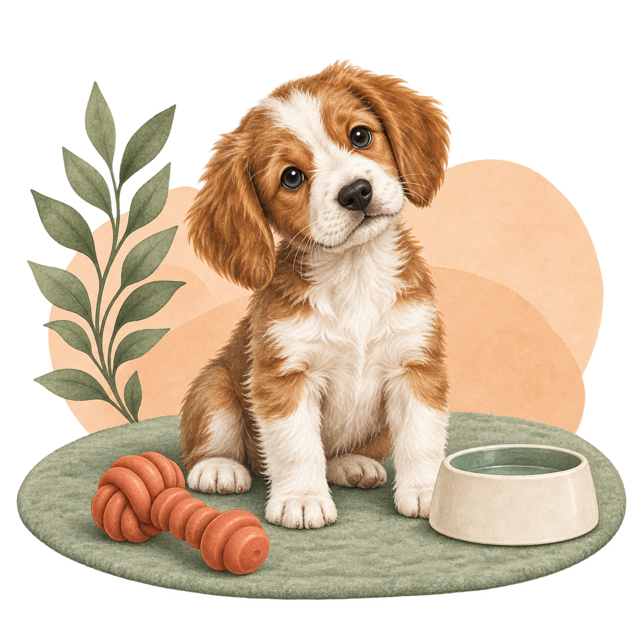 Watercolour illustration of a caramel-and-white puppy with a bowl, toy and soft botanical details