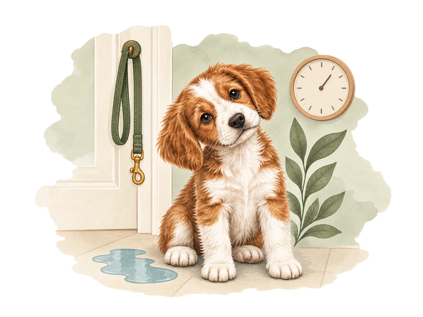 Watercolour puppy beside a small puddle, a doorway and a clock