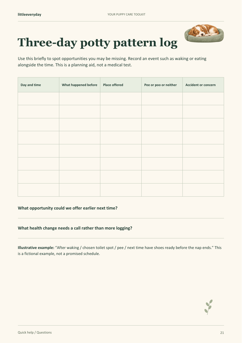 Actual page 21: Three-day potty pattern log, a printable planning worksheet