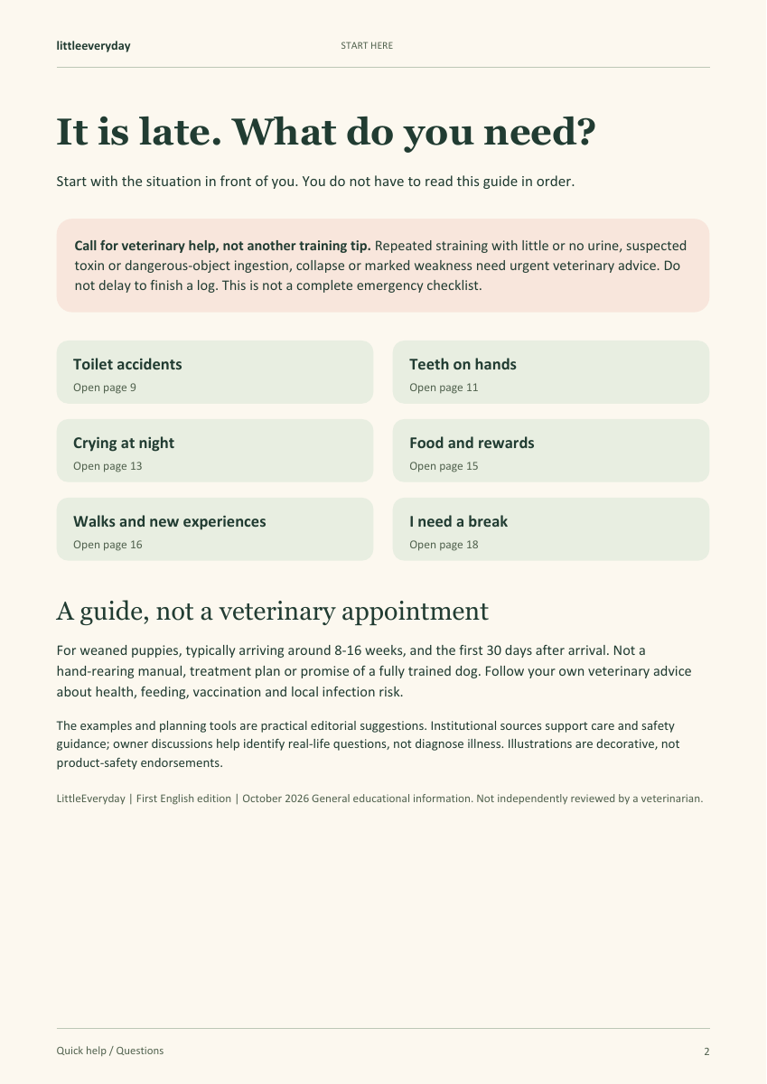 Actual page 2: six quick-help routes, urgent veterinary-help boundary and the guide's scope