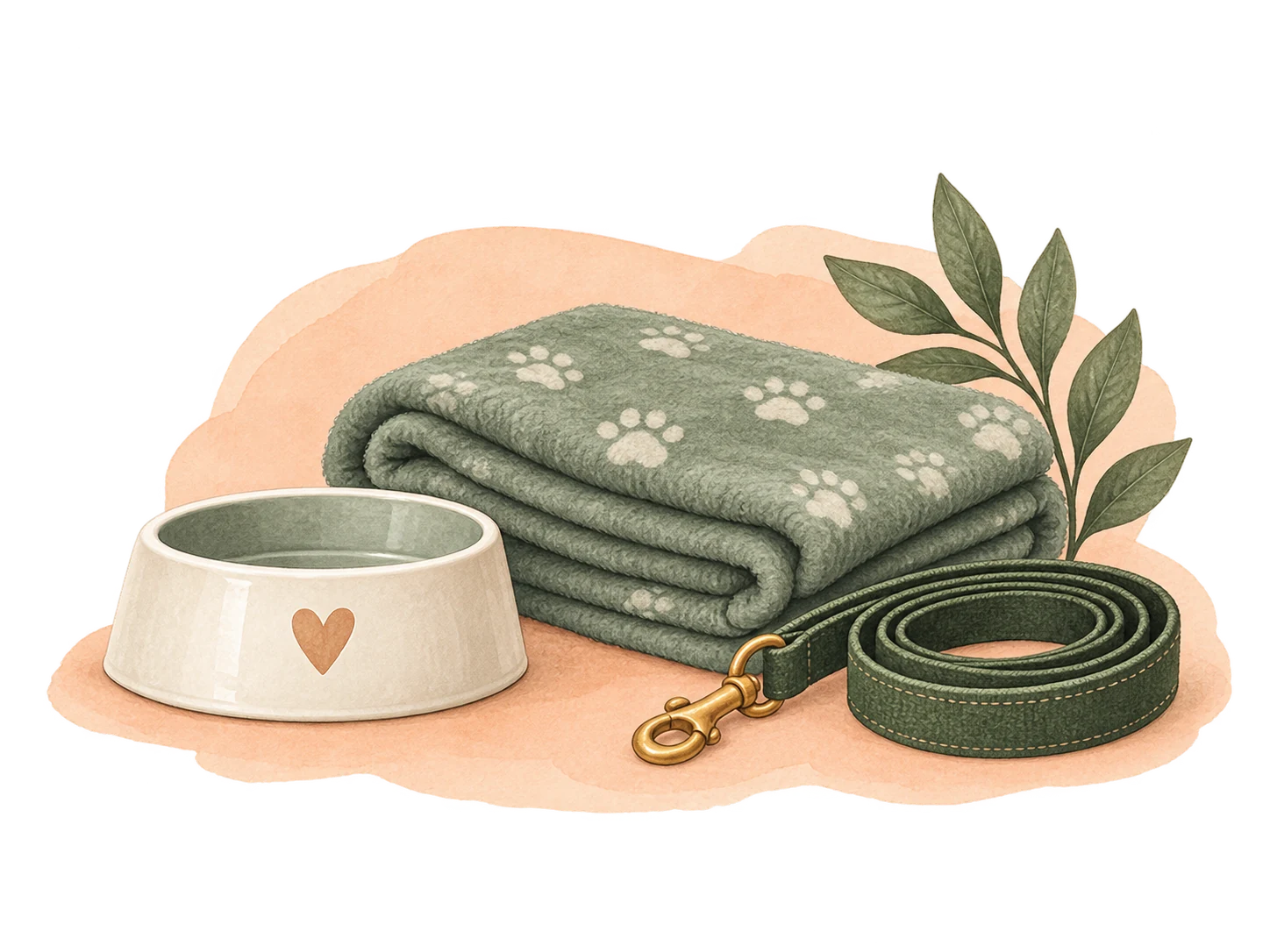 A puppy bowl, folded sage blanket and lead ready for arrival