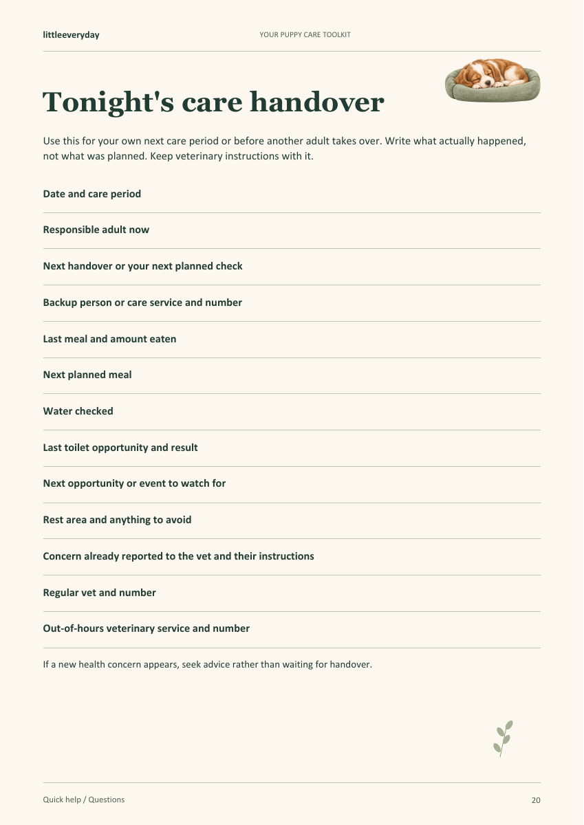 Actual page 20: Tonight’s care handover, with space for the next carer and the puppy’s needs