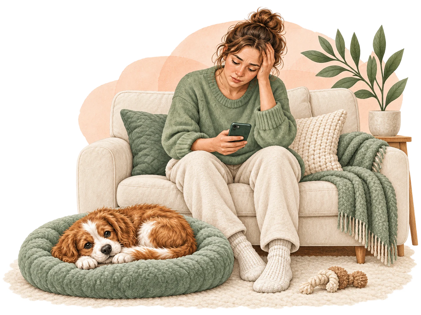 A tired owner taking a moment on the sofa with their puppy resting safely nearby