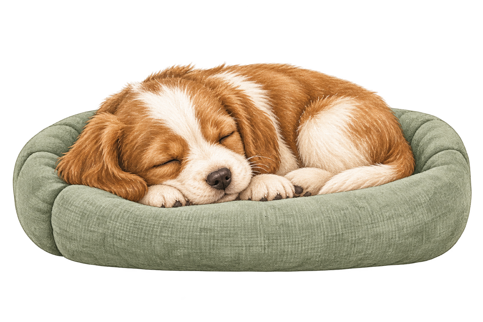 Watercolour puppy resting in a soft sage-green bed